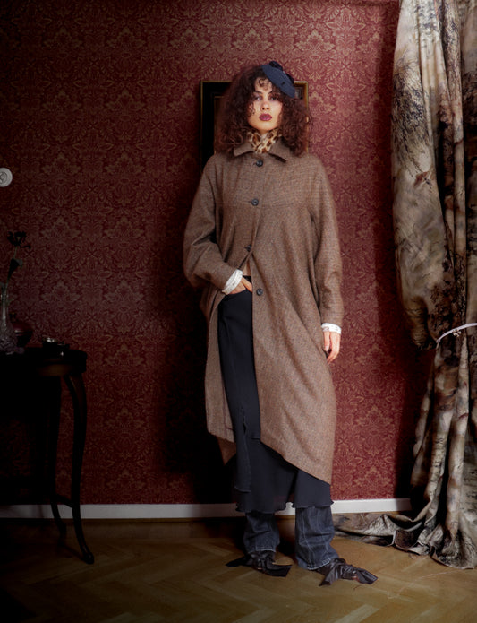 Carla Coat Brown Herringbone Donegal Tweed