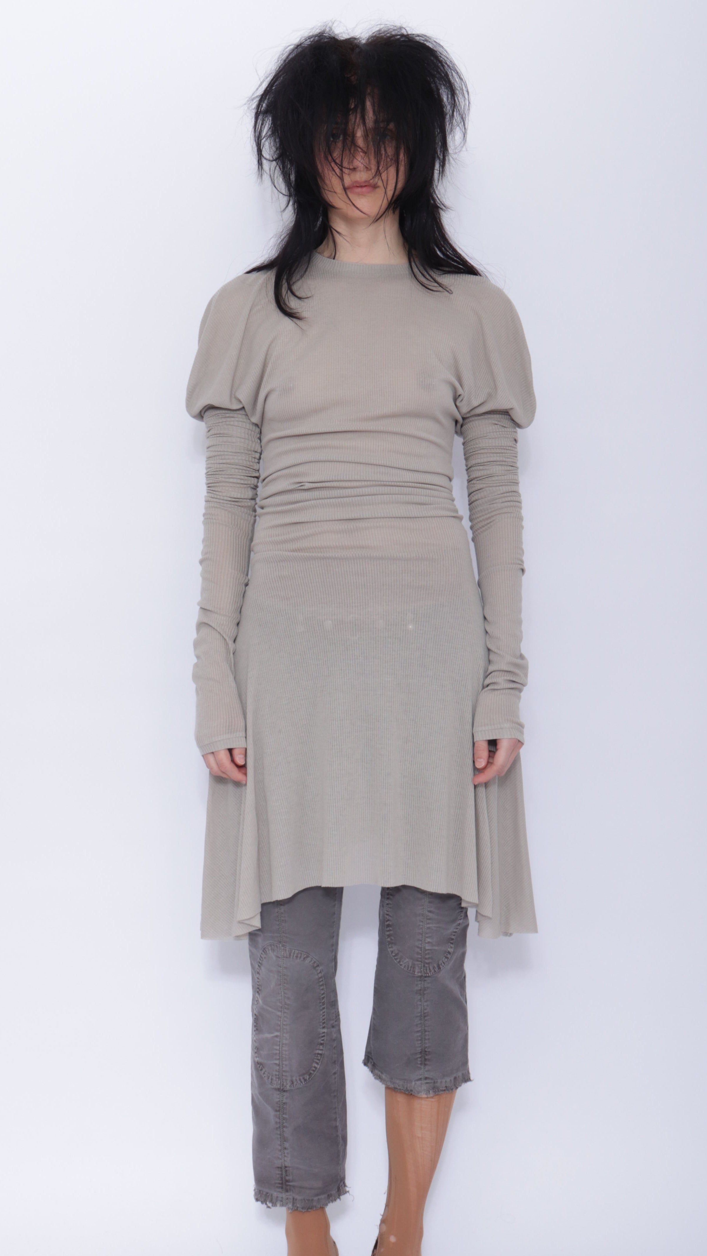 Dora Draped Long sleeve Dress: Pale Grey