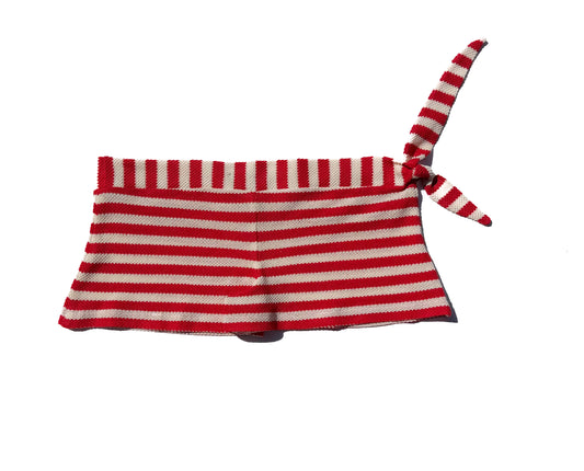 Red and white striped pouch with a matching strap on a white background