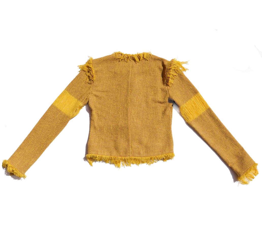 Mustard yellow tweed jacket with frayed edges on a white background