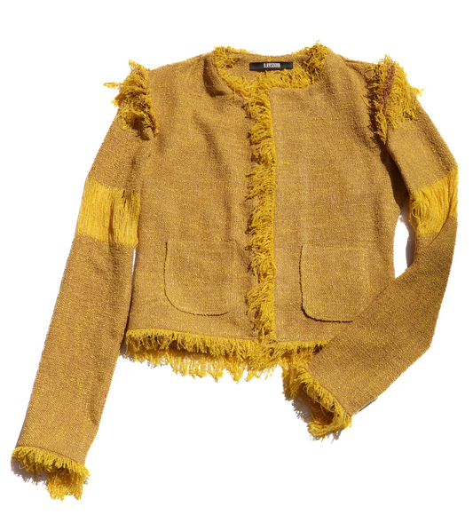 Yellow tweed jacket with frayed edges on a white background